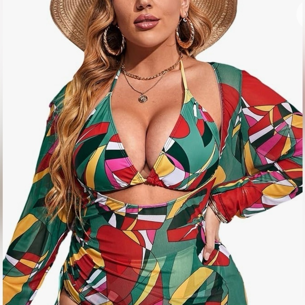 MakeMeChic 3 Piece Swimsuit Printed Halter High Waisted Bikini Set w/Cover Up